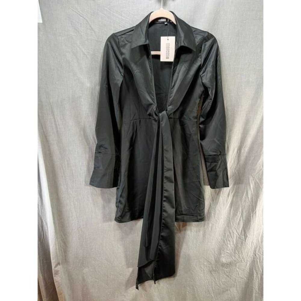 Missguided‎ Shirt Womens 0 Black Satin Pullover Long Sleeve Collared Top Ladies